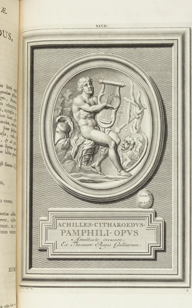 An illustration from Pierres Antiques Gravées, Sur Lesquelles Les Graveurs Ont Mis Leurs Noms: Dessinées & Gravées en Cuivre sur les Originaux ou d'après les Empreintes / Gemmæ Antiquæ Cælatæ, Scalptorum Nominibus Insignitæ. Ad ipsas Gemmas, aut Earum Ectypos Delineatæ & Aeri incisæ, 1724, leaf 195