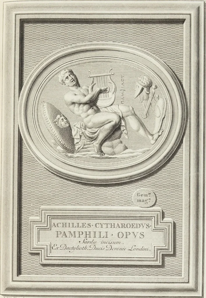 An illustration from Pierres Antiques Gravées, Sur Lesquelles Les Graveurs Ont Mis Leurs Noms: Dessinées & Gravées en Cuivre sur les Originaux ou d'après les Empreintes / Gemmæ Antiquæ Cælatæ, Scalptorum Nominibus Insignitæ. Ad ipsas Gemmas, aut Earum Ectypos Delineatæ & Aeri incisæ, 1724, leaf 199