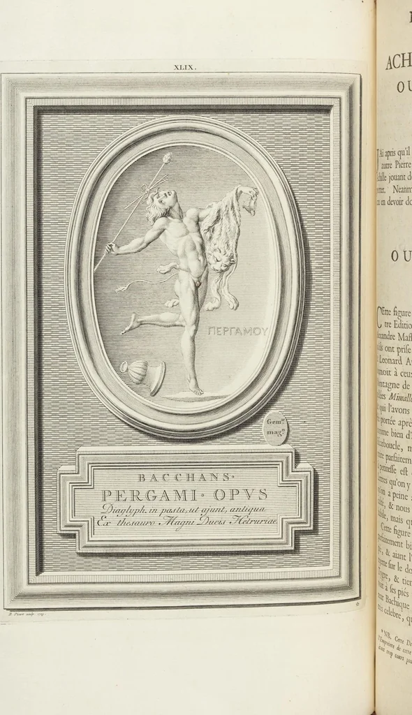 An illustration from Pierres Antiques Gravées, Sur Lesquelles Les Graveurs Ont Mis Leurs Noms: Dessinées & Gravées en Cuivre sur les Originaux ou d'après les Empreintes / Gemmæ Antiquæ Cælatæ, Scalptorum Nominibus Insignitæ. Ad ipsas Gemmas, aut Earum Ectypos Delineatæ & Aeri incisæ, 1724, leaf 202