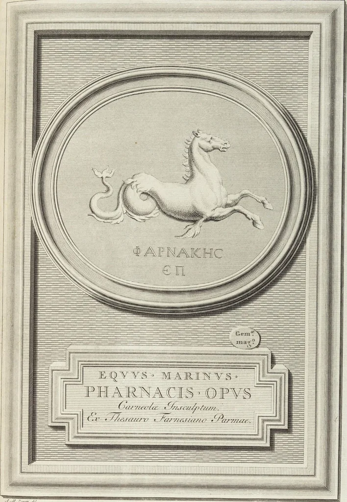 An illustration from Pierres Antiques Gravées, Sur Lesquelles Les Graveurs Ont Mis Leurs Noms: Dessinées & Gravées en Cuivre sur les Originaux ou d'après les Empreintes / Gemmæ Antiquæ Cælatæ, Scalptorum Nominibus Insignitæ. Ad ipsas Gemmas, aut Earum Ectypos Delineatæ & Aeri incisæ, 1724, leaf 205