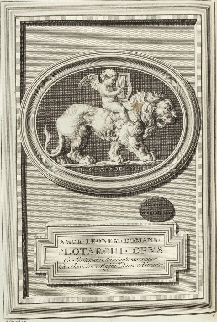 An illustration from Pierres Antiques Gravées, Sur Lesquelles Les Graveurs Ont Mis Leurs Noms: Dessinées & Gravées en Cuivre sur les Originaux ou d'après les Empreintes / Gemmæ Antiquæ Cælatæ, Scalptorum Nominibus Insignitæ. Ad ipsas Gemmas, aut Earum Ectypos Delineatæ & Aeri incisæ, 1724, leaf 216