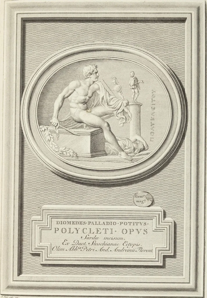 An illustration from Pierres Antiques Gravées, Sur Lesquelles Les Graveurs Ont Mis Leurs Noms: Dessinées & Gravées en Cuivre sur les Originaux ou d'après les Empreintes / Gemmæ Antiquæ Cælatæ, Scalptorum Nominibus Insignitæ. Ad ipsas Gemmas, aut Earum Ectypos Delineatæ & Aeri incisæ, 1724, leaf 219