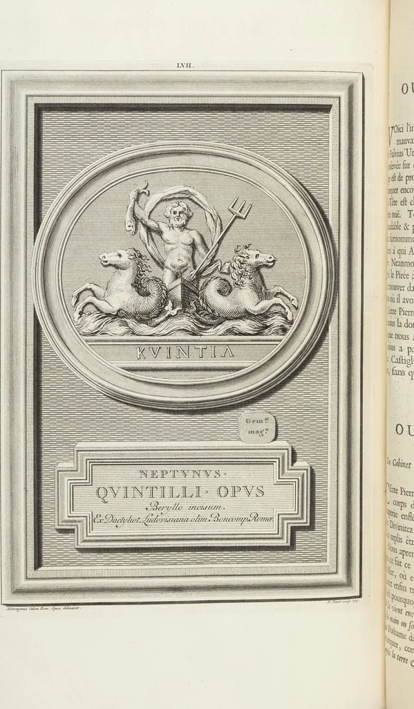 An illustration from Pierres Antiques Gravées, Sur Lesquelles Les Graveurs Ont Mis Leurs Noms: Dessinées & Gravées en Cuivre sur les Originaux ou d'après les Empreintes / Gemmæ Antiquæ Cælatæ, Scalptorum Nominibus Insignitæ. Ad ipsas Gemmas, aut Earum Ectypos Delineatæ & Aeri incisæ, 1724, leaf 230
