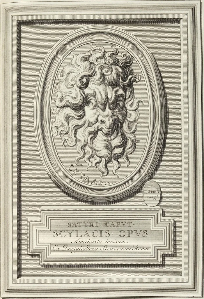 An illustration from Pierres Antiques Gravées, Sur Lesquelles Les Graveurs Ont Mis Leurs Noms: Dessinées & Gravées en Cuivre sur les Originaux ou d'après les Empreintes / Gemmæ Antiquæ Cælatæ, Scalptorum Nominibus Insignitæ. Ad ipsas Gemmas, aut Earum Ectypos Delineatæ & Aeri incisæ, 1724, leaf 233