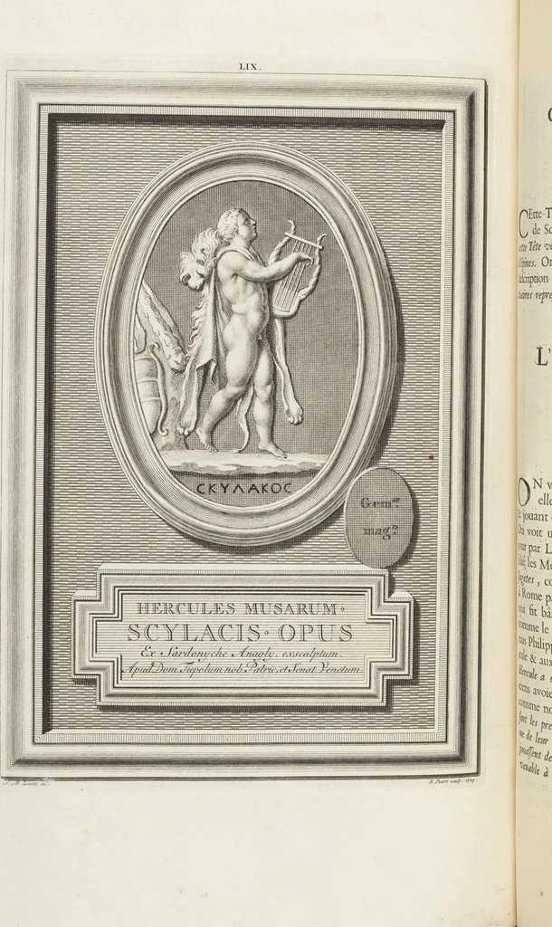 An illustration from Pierres Antiques Gravées, Sur Lesquelles Les Graveurs Ont Mis Leurs Noms: Dessinées & Gravées en Cuivre sur les Originaux ou d'après les Empreintes / Gemmæ Antiquæ Cælatæ, Scalptorum Nominibus Insignitæ. Ad ipsas Gemmas, aut Earum Ectypos Delineatæ & Aeri incisæ, 1724, leaf 236