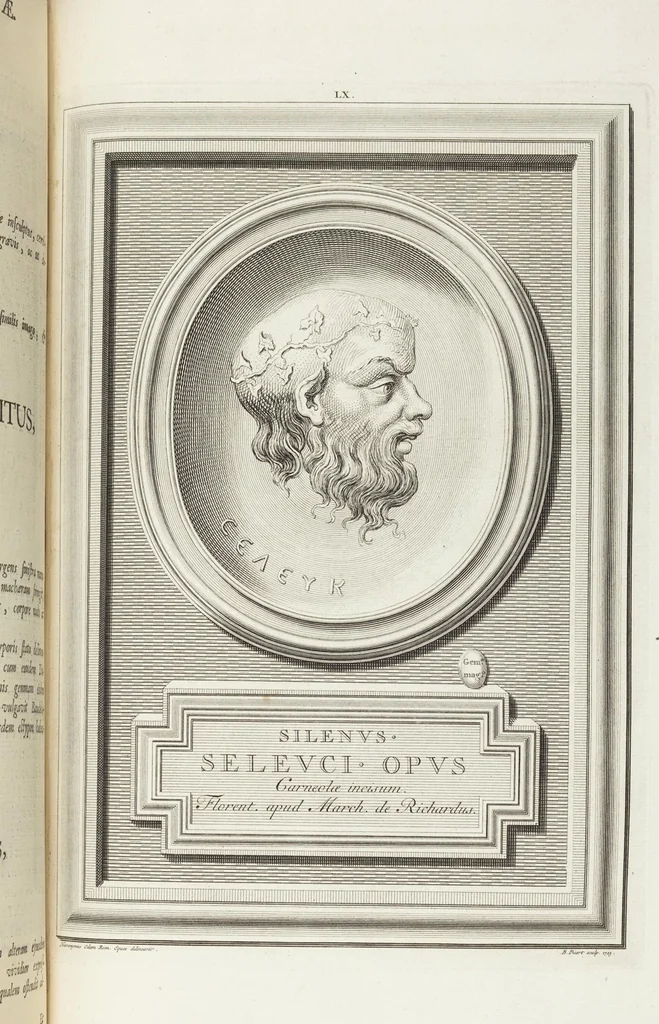 An illustration from Pierres Antiques Gravées, Sur Lesquelles Les Graveurs Ont Mis Leurs Noms: Dessinées & Gravées en Cuivre sur les Originaux ou d'après les Empreintes / Gemmæ Antiquæ Cælatæ, Scalptorum Nominibus Insignitæ. Ad ipsas Gemmas, aut Earum Ectypos Delineatæ & Aeri incisæ, 1724, leaf 239