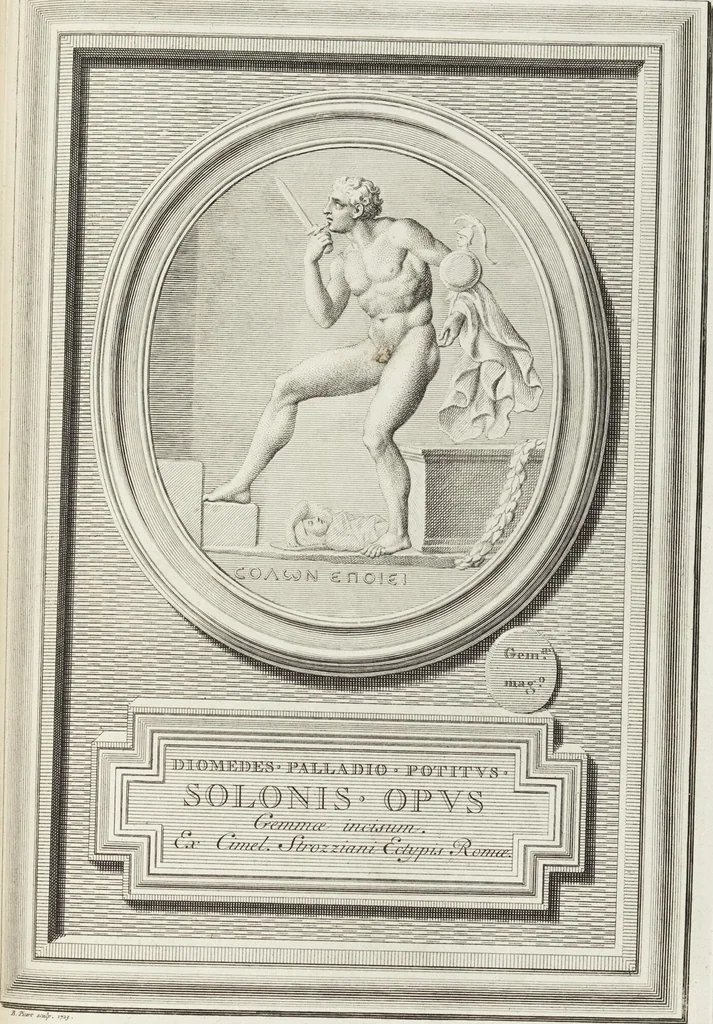 An illustration from Pierres Antiques Gravées, Sur Lesquelles Les Graveurs Ont Mis Leurs Noms: Dessinées & Gravées en Cuivre sur les Originaux ou d'après les Empreintes / Gemmæ Antiquæ Cælatæ, Scalptorum Nominibus Insignitæ. Ad ipsas Gemmas, aut Earum Ectypos Delineatæ & Aeri incisæ, 1724, leaf 241