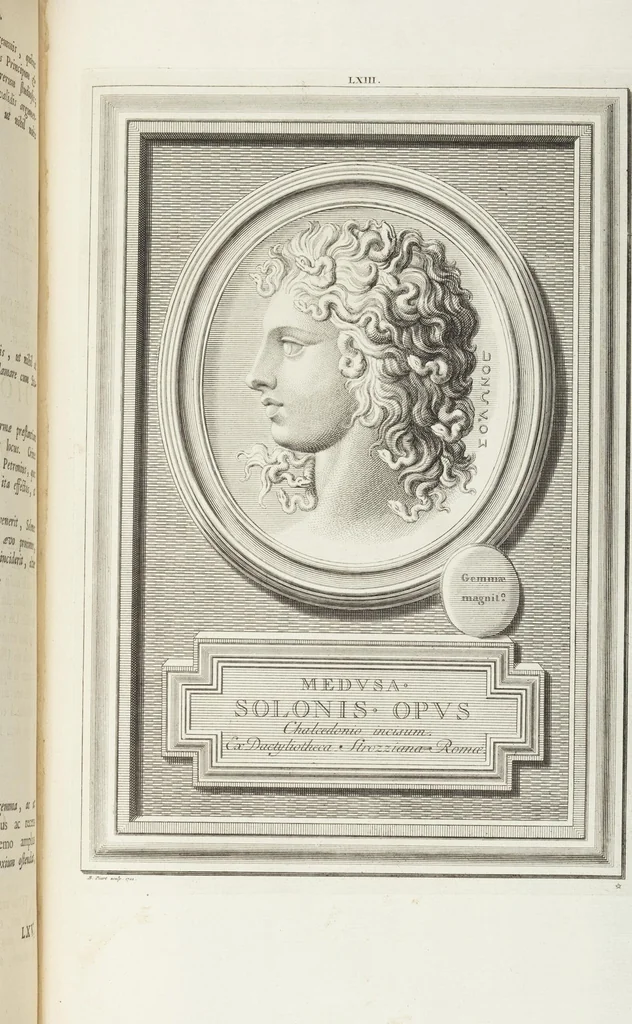 An illustration from Pierres Antiques Gravées, Sur Lesquelles Les Graveurs Ont Mis Leurs Noms: Dessinées & Gravées en Cuivre sur les Originaux ou d'après les Empreintes / Gemmæ Antiquæ Cælatæ, Scalptorum Nominibus Insignitæ. Ad ipsas Gemmas, aut Earum Ectypos Delineatæ & Aeri incisæ, 1724, leaf 247