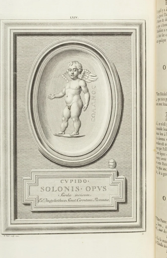 An illustration from Pierres Antiques Gravées, Sur Lesquelles Les Graveurs Ont Mis Leurs Noms: Dessinées & Gravées en Cuivre sur les Originaux ou d'après les Empreintes / Gemmæ Antiquæ Cælatæ, Scalptorum Nominibus Insignitæ. Ad ipsas Gemmas, aut Earum Ectypos Delineatæ & Aeri incisæ, 1724, leaf 250