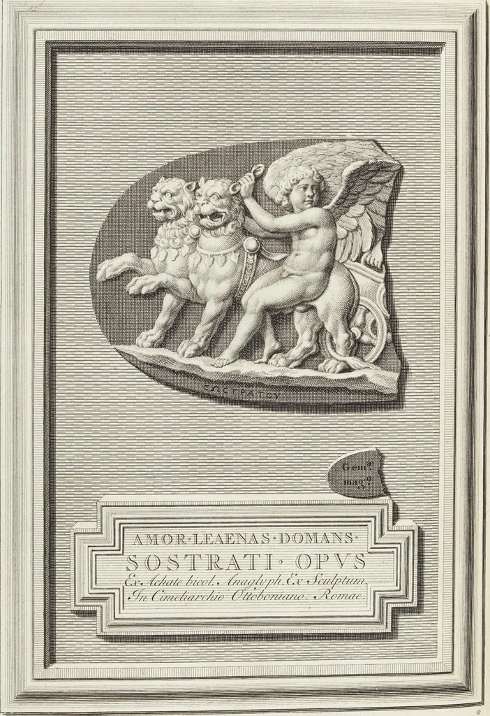 An illustration from Pierres Antiques Gravées, Sur Lesquelles Les Graveurs Ont Mis Leurs Noms: Dessinées & Gravées en Cuivre sur les Originaux ou d'après les Empreintes / Gemmæ Antiquæ Cælatæ, Scalptorum Nominibus Insignitæ. Ad ipsas Gemmas, aut Earum Ectypos Delineatæ & Aeri incisæ, 1724, leaf 256