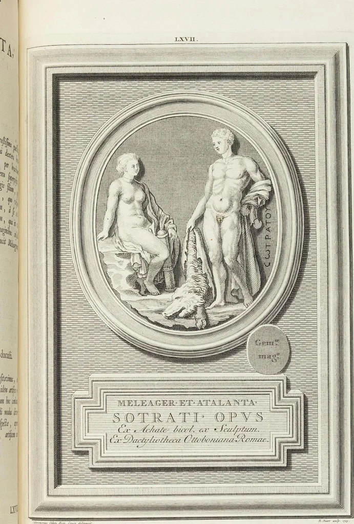 An illustration from Pierres Antiques Gravées, Sur Lesquelles Les Graveurs Ont Mis Leurs Noms: Dessinées & Gravées en Cuivre sur les Originaux ou d'après les Empreintes / Gemmæ Antiquæ Cælatæ, Scalptorum Nominibus Insignitæ. Ad ipsas Gemmas, aut Earum Ectypos Delineatæ & Aeri incisæ, 1724, leaf 259