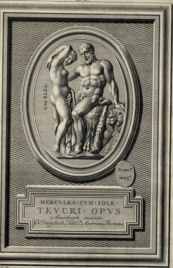 An illustration from Pierres Antiques Gravées, Sur Lesquelles Les Graveurs Ont Mis Leurs Noms: Dessinées & Gravées en Cuivre sur les Originaux ou d'après les Empreintes / Gemmæ Antiquæ Cælatæ, Scalptorum Nominibus Insignitæ. Ad ipsas Gemmas, aut Earum Ectypos Delineatæ & Aeri incisæ, 1724, leaf 263