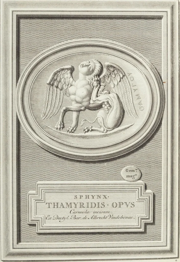 An illustration from Pierres Antiques Gravées, Sur Lesquelles Les Graveurs Ont Mis Leurs Noms: Dessinées & Gravées en Cuivre sur les Originaux ou d'après les Empreintes / Gemmæ Antiquæ Cælatæ, Scalptorum Nominibus Insignitæ. Ad ipsas Gemmas, aut Earum Ectypos Delineatæ & Aeri incisæ, 1724, leaf 266