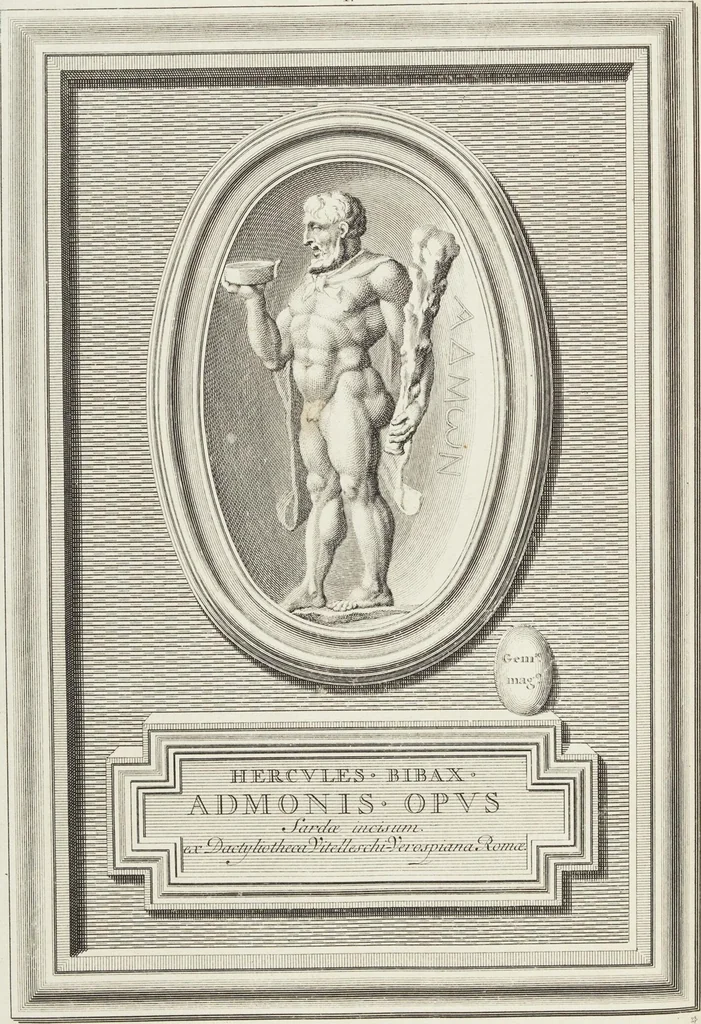 An illustration from Pierres Antiques Gravées, Sur Lesquelles Les Graveurs Ont Mis Leurs Noms: Dessinées & Gravées en Cuivre sur les Originaux ou d'après les Empreintes / Gemmæ Antiquæ Cælatæ, Scalptorum Nominibus Insignitæ. Ad ipsas Gemmas, aut Earum Ectypos Delineatæ & Aeri incisæ, 1724, leaf 38