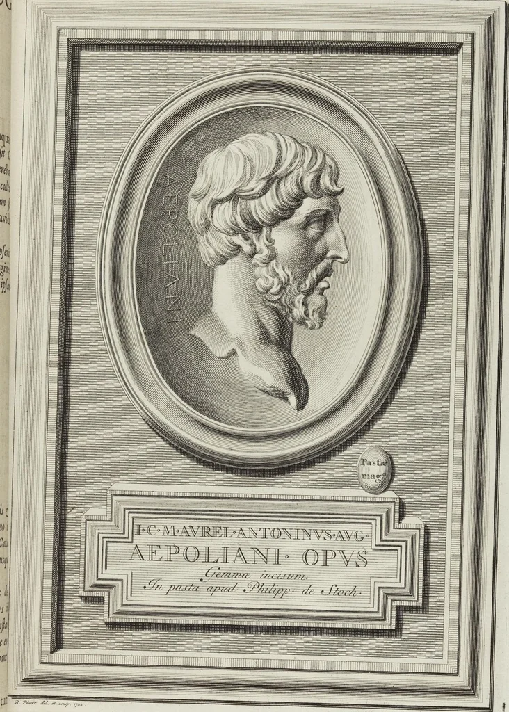 An illustration from Pierres Antiques Gravées, Sur Lesquelles Les Graveurs Ont Mis Leurs Noms: Dessinées & Gravées en Cuivre sur les Originaux ou d'après les Empreintes / Gemmæ Antiquæ Cælatæ, Scalptorum Nominibus Insignitæ. Ad ipsas Gemmas, aut Earum Ectypos Delineatæ & Aeri incisæ, 1724, leaf 41