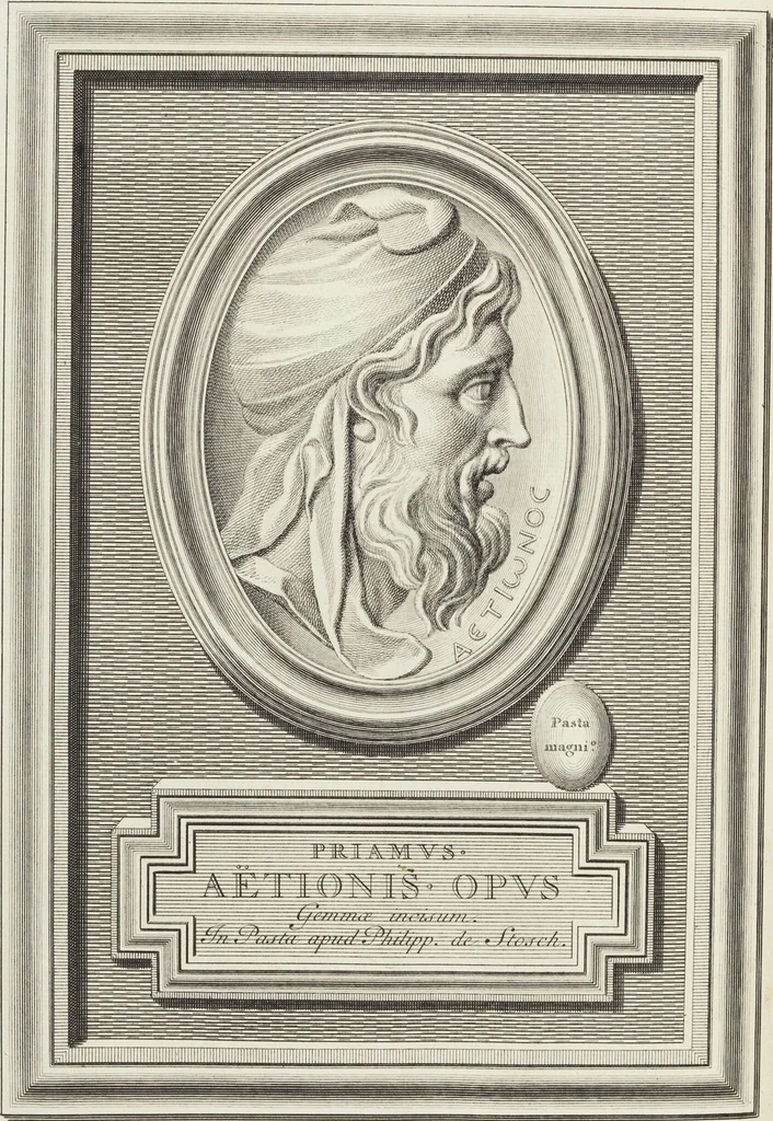 An illustration from Pierres Antiques Gravées, Sur Lesquelles Les Graveurs Ont Mis Leurs Noms: Dessinées & Gravées en Cuivre sur les Originaux ou d'après les Empreintes / Gemmæ Antiquæ Cælatæ, Scalptorum Nominibus Insignitæ. Ad ipsas Gemmas, aut Earum Ectypos Delineatæ & Aeri incisæ, 1724, leaf 44