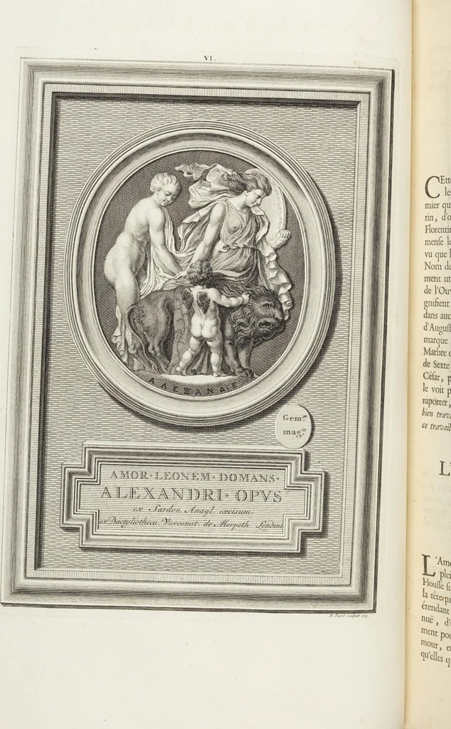 An illustration from Pierres Antiques Gravées, Sur Lesquelles Les Graveurs Ont Mis Leurs Noms: Dessinées & Gravées en Cuivre sur les Originaux ou d'après les Empreintes / Gemmæ Antiquæ Cælatæ, Scalptorum Nominibus Insignitæ. Ad ipsas Gemmas, aut Earum Ectypos Delineatæ & Aeri incisæ, 1724, leaf 54