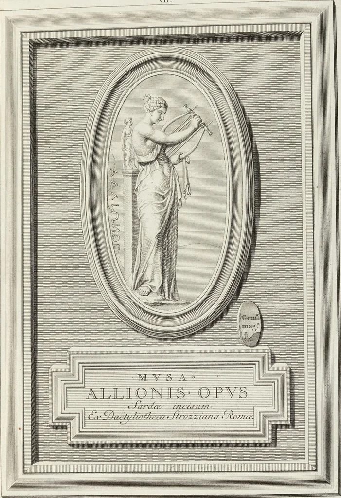 An illustration from Pierres Antiques Gravées, Sur Lesquelles Les Graveurs Ont Mis Leurs Noms: Dessinées & Gravées en Cuivre sur les Originaux ou d'après les Empreintes / Gemmæ Antiquæ Cælatæ, Scalptorum Nominibus Insignitæ. Ad ipsas Gemmas, aut Earum Ectypos Delineatæ & Aeri incisæ, 1724, leaf 57