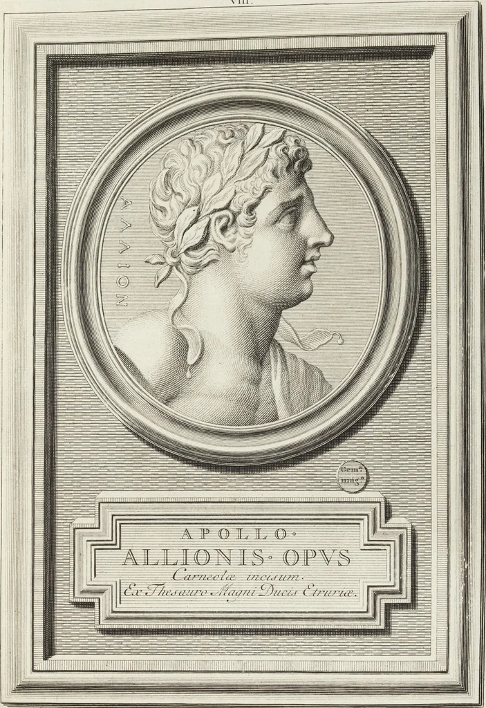 An illustration from Pierres Antiques Gravées, Sur Lesquelles Les Graveurs Ont Mis Leurs Noms: Dessinées & Gravées en Cuivre sur les Originaux ou d'après les Empreintes / Gemmæ Antiquæ Cælatæ, Scalptorum Nominibus Insignitæ. Ad ipsas Gemmas, aut Earum Ectypos Delineatæ & Aeri incisæ, 1724, leaf 61