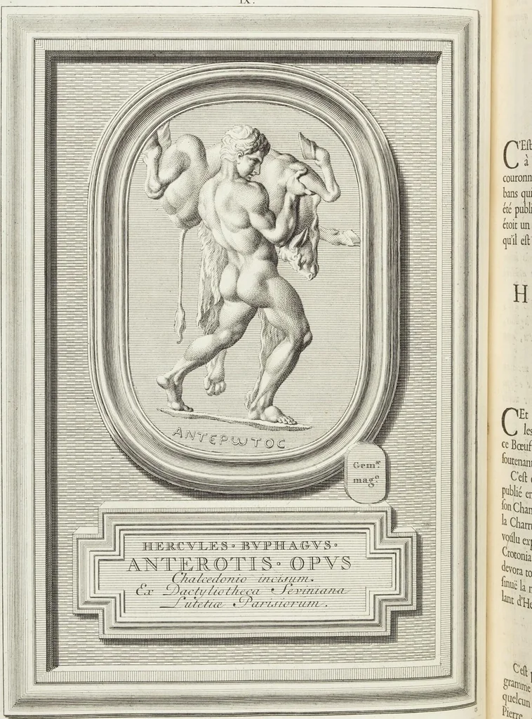An illustration from Pierres Antiques Gravées, Sur Lesquelles Les Graveurs Ont Mis Leurs Noms: Dessinées & Gravées en Cuivre sur les Originaux ou d'après les Empreintes / Gemmæ Antiquæ Cælatæ, Scalptorum Nominibus Insignitæ. Ad ipsas Gemmas, aut Earum Ectypos Delineatæ & Aeri incisæ, 1724, leaf 64