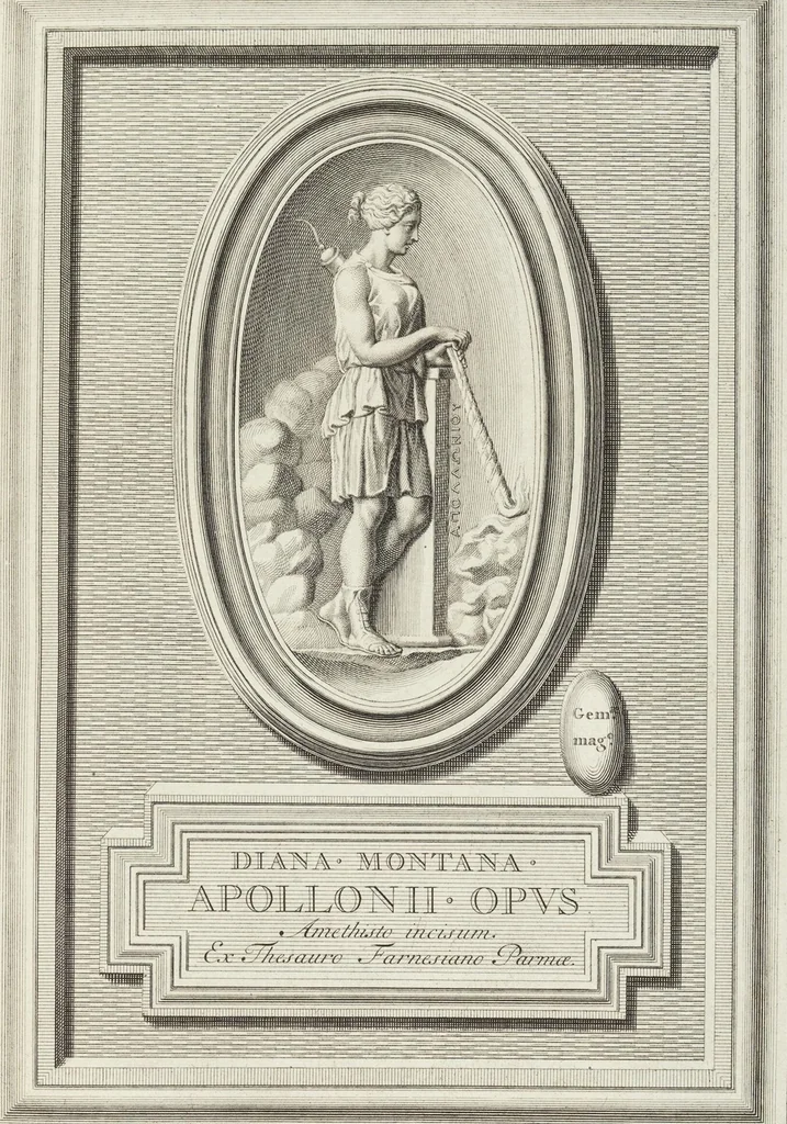 An illustration from Pierres Antiques Gravées, Sur Lesquelles Les Graveurs Ont Mis Leurs Noms: Dessinées & Gravées en Cuivre sur les Originaux ou d'après les Empreintes / Gemmæ Antiquæ Cælatæ, Scalptorum Nominibus Insignitæ. Ad ipsas Gemmas, aut Earum Ectypos Delineatæ & Aeri incisæ, 1724, leaf 73