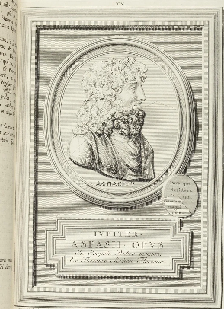 An illustration from Pierres Antiques Gravées, Sur Lesquelles Les Graveurs Ont Mis Leurs Noms: Dessinées & Gravées en Cuivre sur les Originaux ou d'après les Empreintes / Gemmæ Antiquæ Cælatæ, Scalptorum Nominibus Insignitæ. Ad ipsas Gemmas, aut Earum Ectypos Delineatæ & Aeri incisæ, 1724, leaf 81