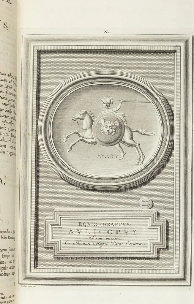 An illustration from Pierres Antiques Gravées, Sur Lesquelles Les Graveurs Ont Mis Leurs Noms: Dessinées & Gravées en Cuivre sur les Originaux ou d'après les Empreintes / Gemmæ Antiquæ Cælatæ, Scalptorum Nominibus Insignitæ. Ad ipsas Gemmas, aut Earum Ectypos Delineatæ & Aeri incisæ, 1724, leaf 85