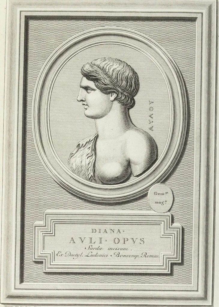 An illustration from Pierres Antiques Gravées, Sur Lesquelles Les Graveurs Ont Mis Leurs Noms: Dessinées & Gravées en Cuivre sur les Originaux ou d'après les Empreintes / Gemmæ Antiquæ Cælatæ, Scalptorum Nominibus Insignitæ. Ad ipsas Gemmas, aut Earum Ectypos Delineatæ & Aeri incisæ, 1724, leaf 91