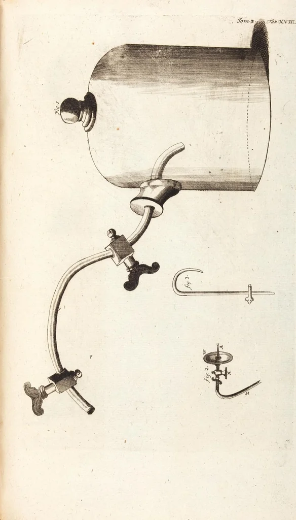 An illustration from (Dritter Theil): Neu-auffgerichtetes Rüst- und Zeughauß Der Natur: Worinnen Die so wundersame/ curiöse/ auch sehr nützliche Machinen und Instrumenten/ deren sich die heutige Naturkündiger in Erforschung der natürlichen Ursachen bedienen/ zu sehen und zu finden sind. Zum Vorschub aller derjenigen/ so der Lateinischen Sprach nicht mächtig sind/ und dennoch ihren Schöpffer in der Natur zu verehren suchen ..., 1714, leaf 43