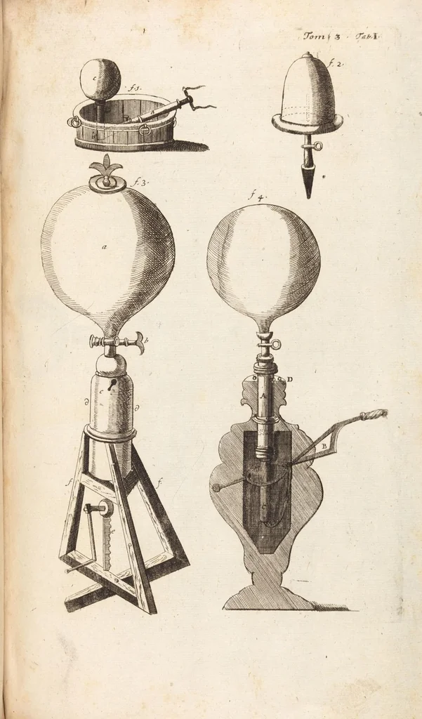 An illustration from (Dritter Theil): Neu-auffgerichtetes Rüst- und Zeughauß Der Natur: Worinnen Die so wundersame/ curiöse/ auch sehr nützliche Machinen und Instrumenten/ deren sich die heutige Naturkündiger in Erforschung der natürlichen Ursachen bedienen/ zu sehen und zu finden sind. Zum Vorschub aller derjenigen/ so der Lateinischen Sprach nicht mächtig sind/ und dennoch ihren Schöpffer in der Natur zu verehren suchen ..., 1714, leaf 9