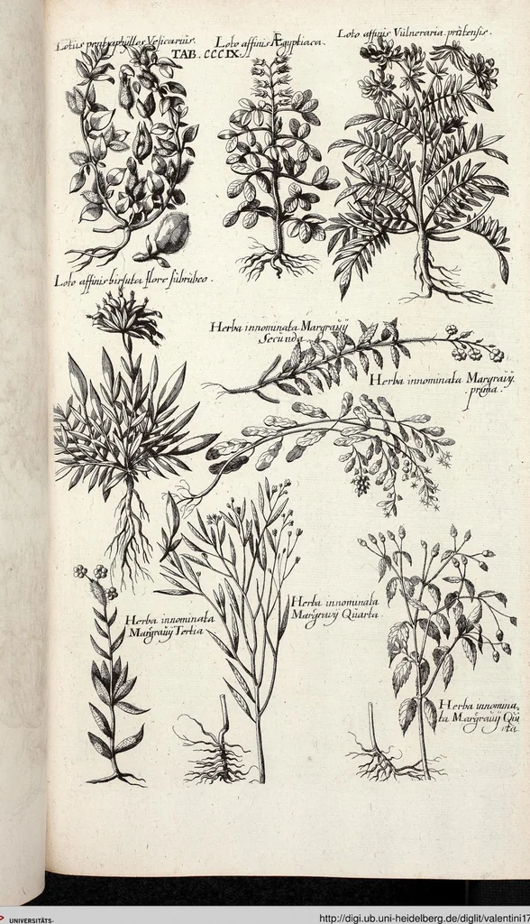 An illustration from Viridarium Reformatum, Seu Regnum Vegetabile, Das ist: Neu-eingerichtetes und Vollständiges Kräuter-Buch: Worinnen auff noch nicht geschehene Weise Derer Vegetabilien, als Kräutern, Sträuchen, Bäumen, Bluhmen und anderer Erd-Gewachsen Art, Krafft und Würckung dergestalt beschrieben werden, daß man dieses Werck statt einer Botanischen Bibliothec haben ... kan, 1719, leaf 947