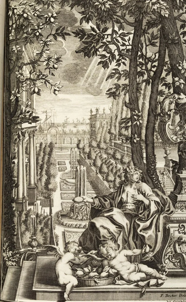 An illustration from Nürnbergische Hesperides, Oder Gründliche Beschreibung Der Edlen Citronat- Citronen- und Pomeranzen-Früchte: Wie solche in selbiger und benachbarten Gegend/ recht mögen eingesetzt/ gewartet/ erhalten und fortgebracht werden/ Samt Einer ausführlichen Erzehlung der meisten Sorten/ welche theils zu Nürnberg würcklich gewachsen/ theils von verschiedenen fremden Orten dahin gebracht worden, auf das accurateste in Kupffer gestochen/ in Vier Theile eingetheilet und mit nützlichen Anmerckungen erkläret, 1708, leaf 187