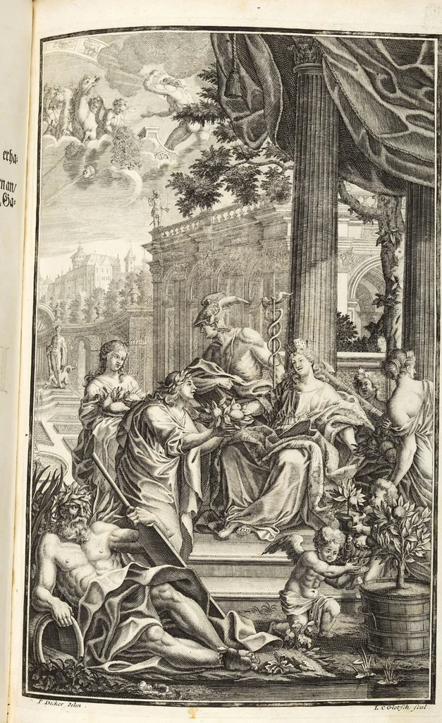 An illustration from Nürnbergische Hesperides, Oder Gründliche Beschreibung Der Edlen Citronat- Citronen- und Pomeranzen-Früchte: Wie solche in selbiger und benachbarten Gegend/ recht mögen eingesetzt/ gewartet/ erhalten und fortgebracht werden/ Samt Einer ausführlichen Erzehlung der meisten Sorten/ welche theils zu Nürnberg würcklich gewachsen/ theils von verschiedenen fremden Orten dahin gebracht worden, auf das accurateste in Kupffer gestochen/ in Vier Theile eingetheilet und mit nützlichen Anmerckungen erkläret, 1708, leaf 9