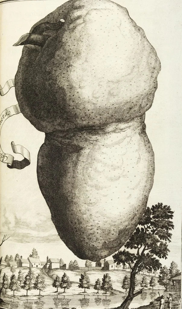 An illustration from Continvation der Nürnbergischen Hesperidvm, Oder: Fernere gründliche Beschreibung Der Edlen Citronat- Citronen- und Pomeranzen-Früchte: mit einem ausführlichen Bericht, wie solche am besten zu warten und zu erhalten seyn ; Worbei diejenigen Sorten, so theils zu Nürnberg gewachsen, theils von verschiedenen fremden Orten dahin gelanget, auf das accurateste in Kupffer gestochen und nachgezeichnet worden ; abermals in vier Theile eingetheilet, und mit gehörigen Anmerkungen erläutert, 1714, leaf 143