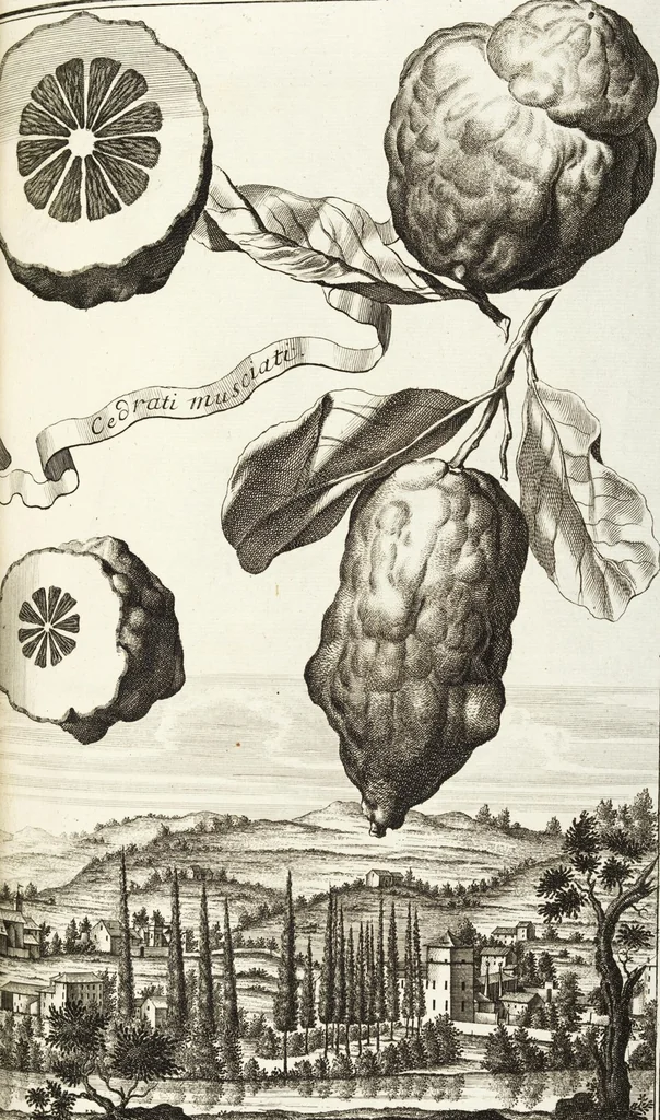 An illustration from Continvation der Nürnbergischen Hesperidvm, Oder: Fernere gründliche Beschreibung Der Edlen Citronat- Citronen- und Pomeranzen-Früchte: mit einem ausführlichen Bericht, wie solche am besten zu warten und zu erhalten seyn ; Worbei diejenigen Sorten, so theils zu Nürnberg gewachsen, theils von verschiedenen fremden Orten dahin gelanget, auf das accurateste in Kupffer gestochen und nachgezeichnet worden ; abermals in vier Theile eingetheilet, und mit gehörigen Anmerkungen erläutert, 1714, leaf 183