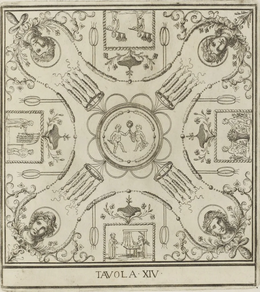An illustration from Le pitture antiche delle grotte di Roma, e del sepolcro de' Nasonj: disegnate, & intagliate alla similitudine degli antichi originali, 1706, leaf 44