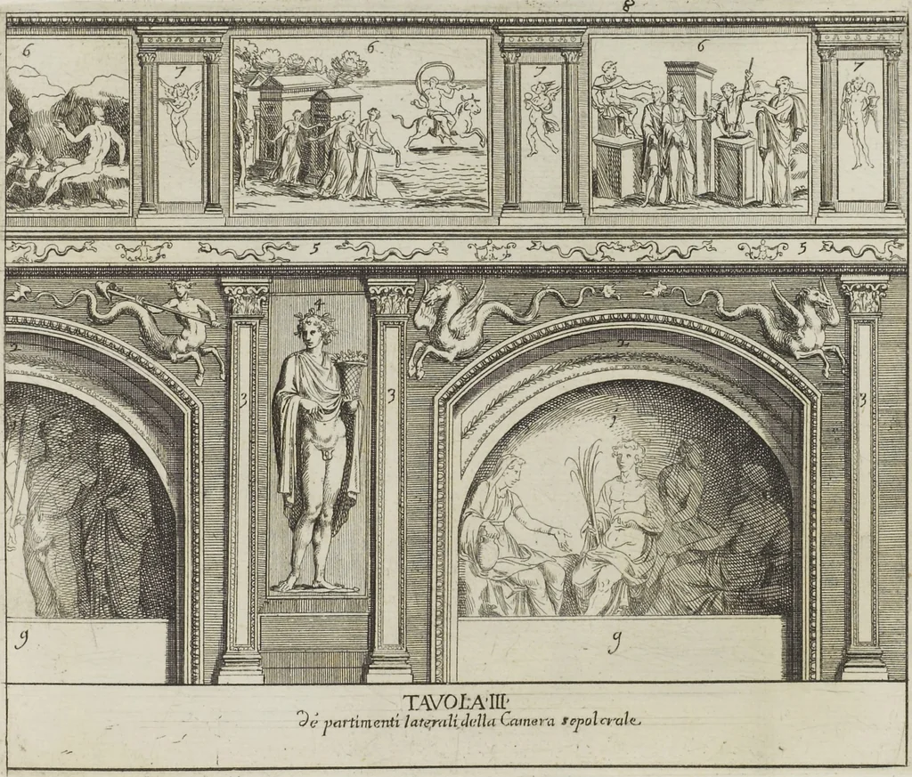An illustration from Le pitture antiche delle grotte di Roma, e del sepolcro de' Nasonj: disegnate, & intagliate alla similitudine degli antichi originali, 1706, leaf 98