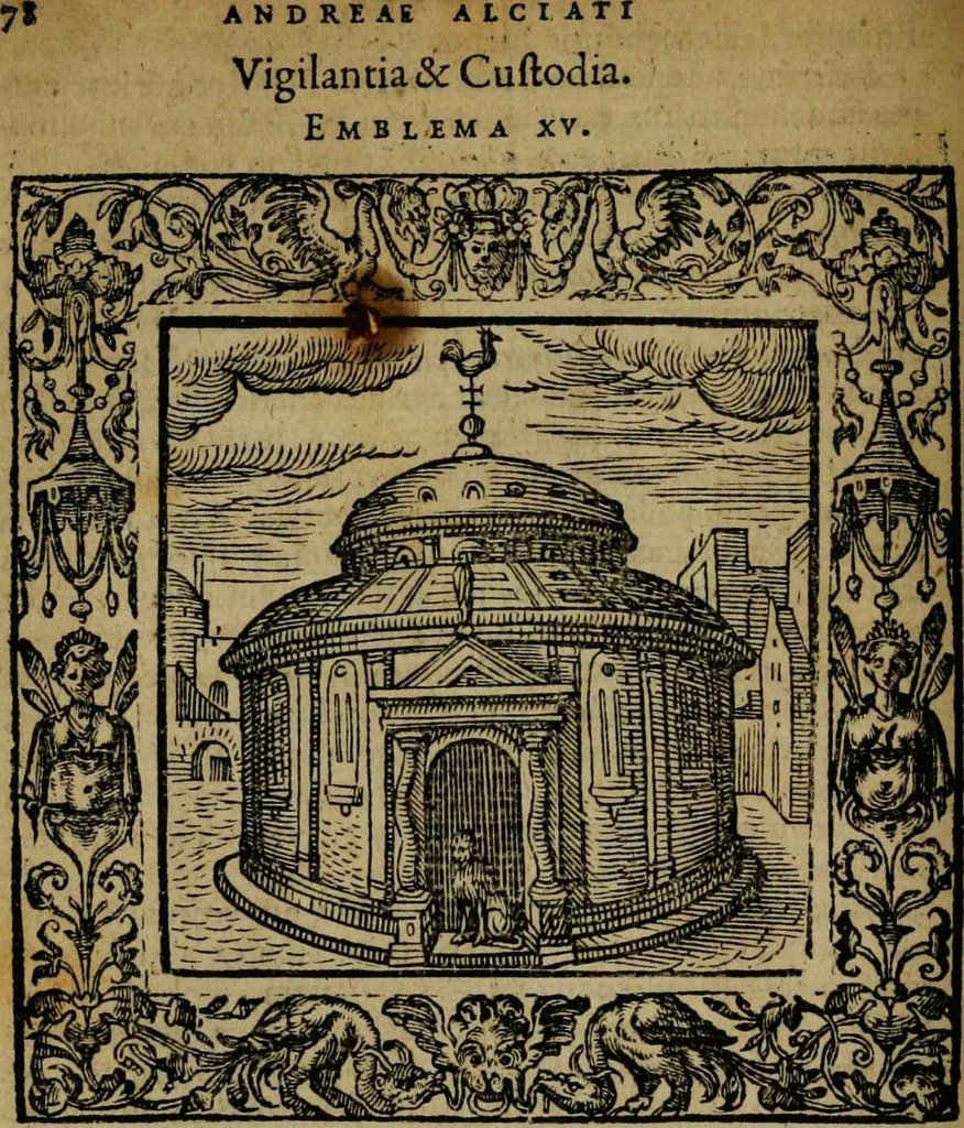 An illustration from Omnia Andreae Alciati v.c. emblemata [electronic resource]: cum commentariis, quibus emblematum omnium aperta origine, mens auctoris explicatur, & obscura omnia dubiáque illustrantur, 1581, leaf 104