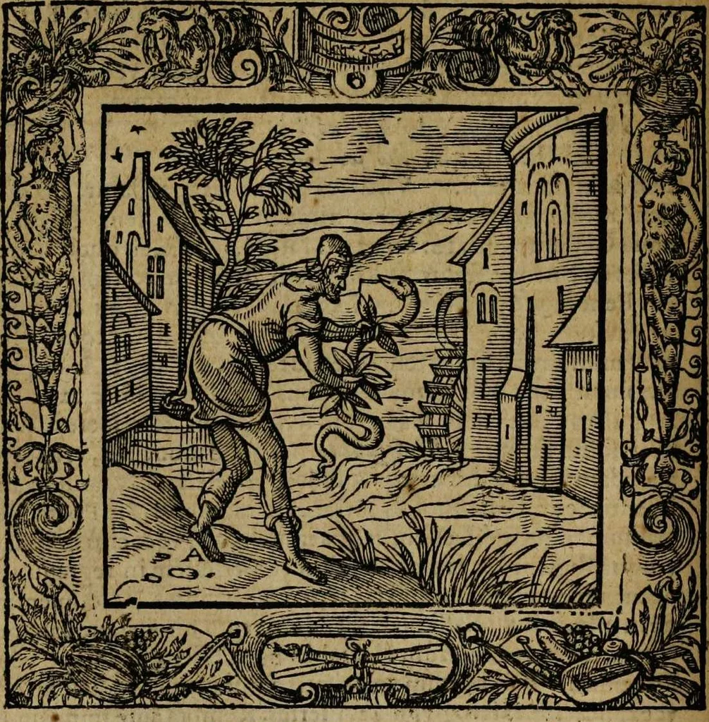 An illustration from Omnia Andreae Alciati v.c. emblemata [electronic resource]: cum commentariis, quibus emblematum omnium aperta origine, mens auctoris explicatur, & obscura omnia dubiáque illustrantur, 1581, leaf 128