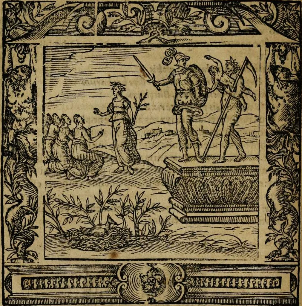 An illustration from Omnia Andreae Alciati v.c. emblemata [electronic resource]: cum commentariis, quibus emblematum omnium aperta origine, mens auctoris explicatur, & obscura omnia dubiáque illustrantur, 1581, leaf 150