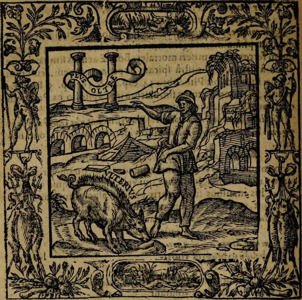 An illustration from Omnia Andreae Alciati v.c. emblemata [electronic resource]: cum commentariis, quibus emblematum omnium aperta origine, mens auctoris explicatur, & obscura omnia dubiáque illustrantur, 1581, leaf 222