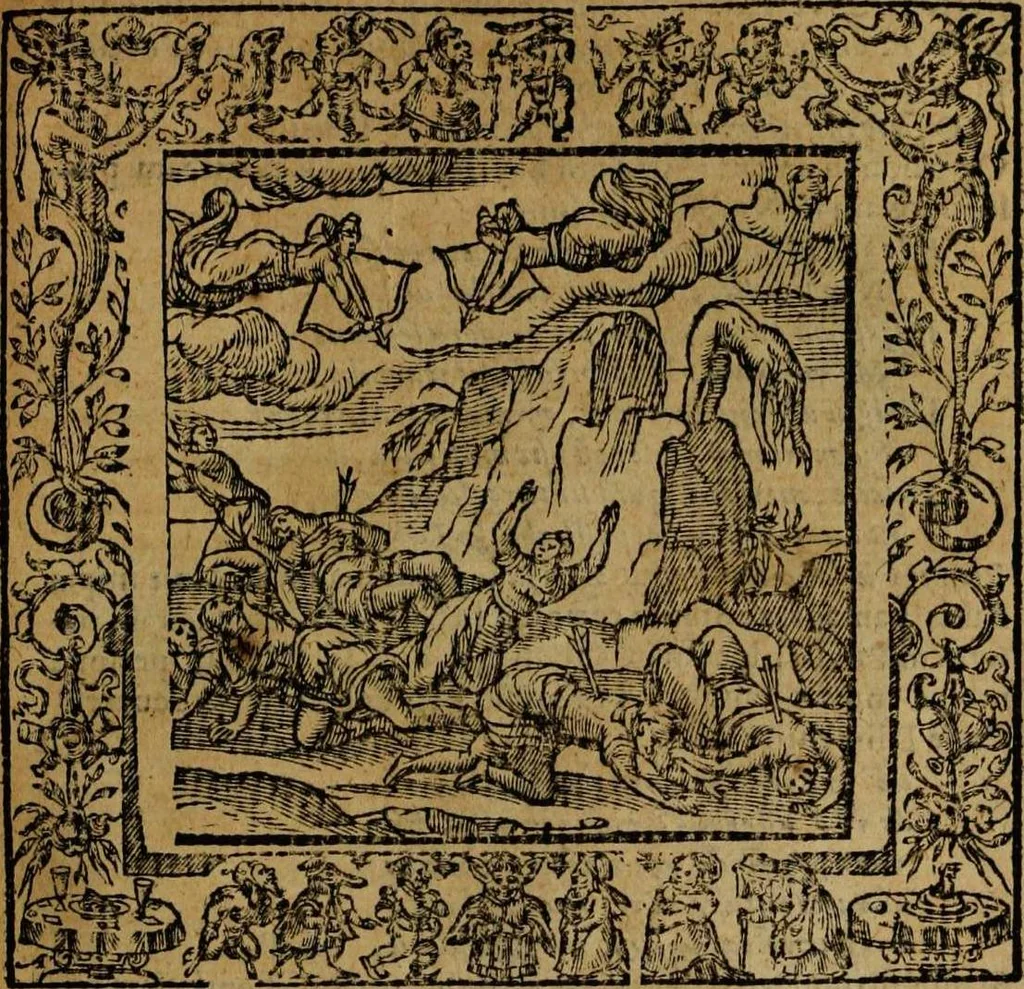 An illustration from Omnia Andreae Alciati v.c. emblemata [electronic resource]: cum commentariis, quibus emblematum omnium aperta origine, mens auctoris explicatur, & obscura omnia dubiáque illustrantur, 1581, leaf 281