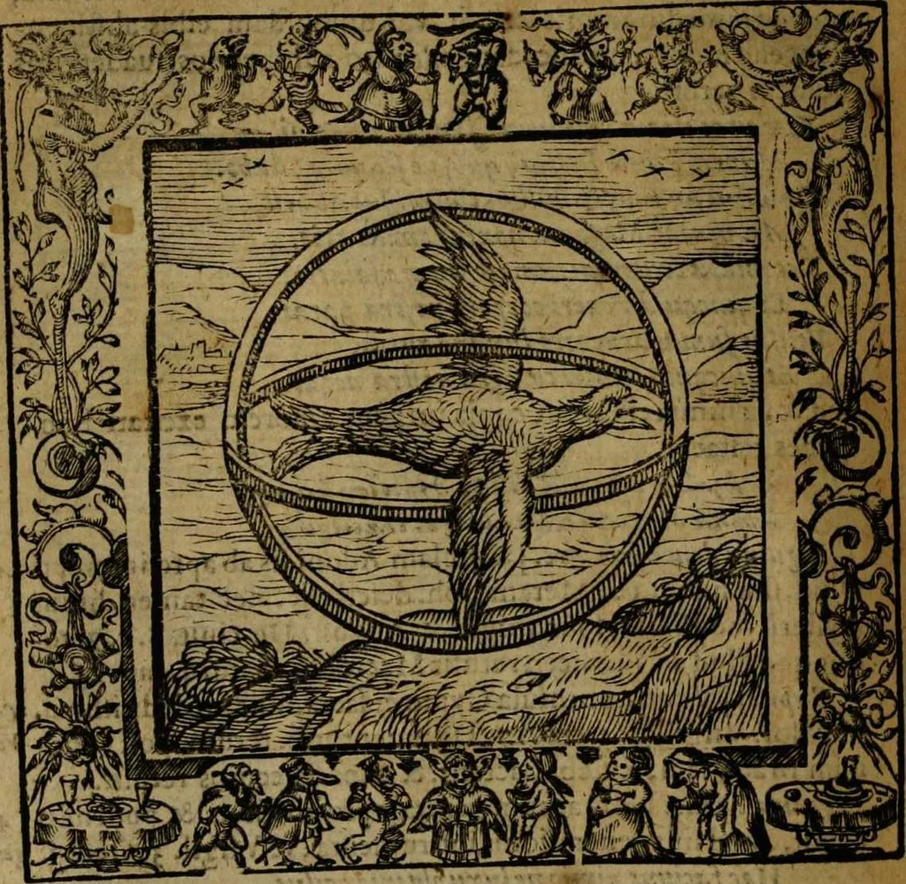 An illustration from Omnia Andreae Alciati v.c. emblemata [electronic resource]: cum commentariis, quibus emblematum omnium aperta origine, mens auctoris explicatur, & obscura omnia dubiáque illustrantur, 1581, leaf 316