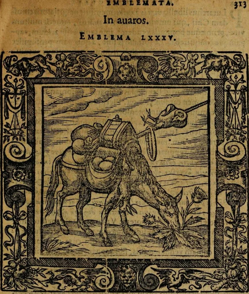 An illustration from Omnia Andreae Alciati v.c. emblemata [electronic resource]: cum commentariis, quibus emblematum omnium aperta origine, mens auctoris explicatur, & obscura omnia dubiáque illustrantur, 1581, leaf 339