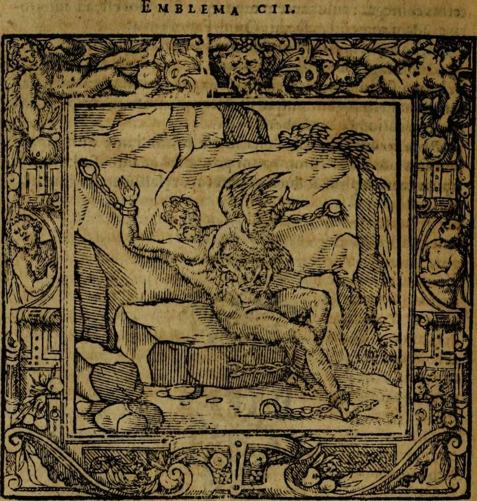 An illustration from Omnia Andreae Alciati v.c. emblemata [electronic resource]: cum commentariis, quibus emblematum omnium aperta origine, mens auctoris explicatur, & obscura omnia dubiáque illustrantur, 1581, leaf 384