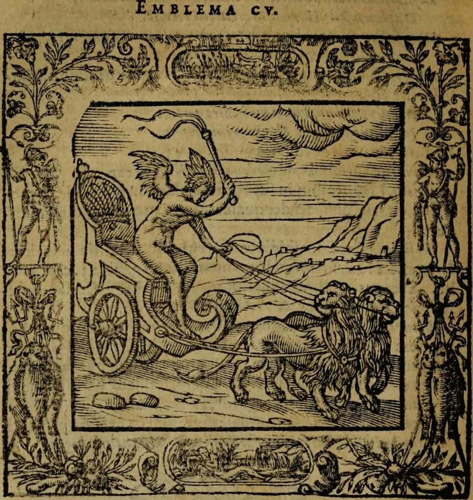 An illustration from Omnia Andreae Alciati v.c. emblemata [electronic resource]: cum commentariis, quibus emblematum omnium aperta origine, mens auctoris explicatur, & obscura omnia dubiáque illustrantur, 1581, leaf 396