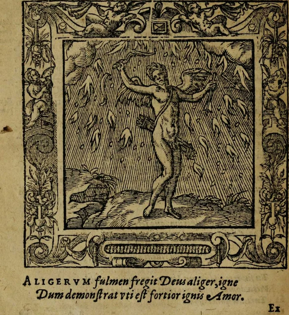 An illustration from Omnia Andreae Alciati v.c. emblemata [electronic resource]: cum commentariis, quibus emblematum omnium aperta origine, mens auctoris explicatur, & obscura omnia dubiáque illustrantur, 1581, leaf 402