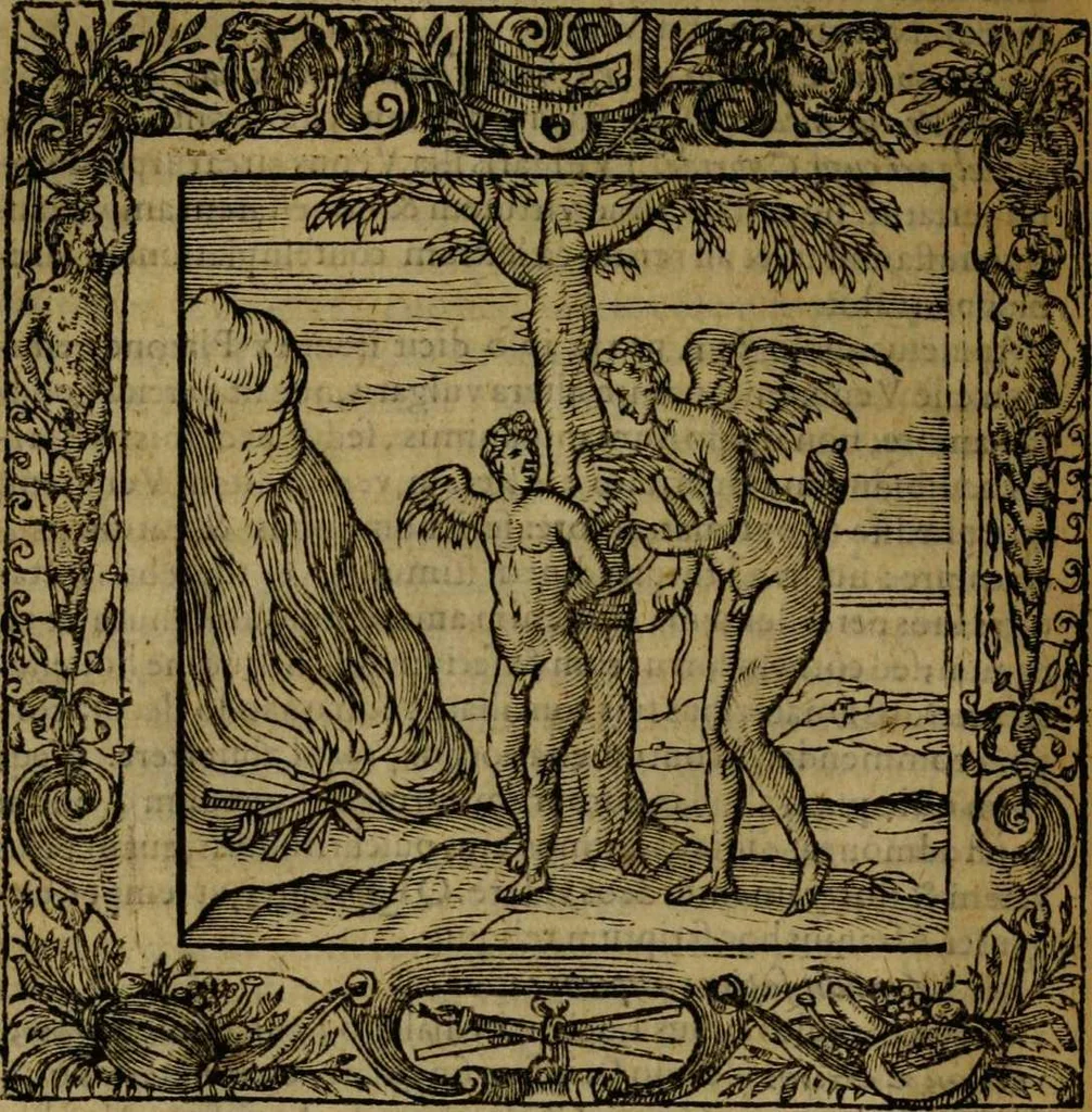 An illustration from Omnia Andreae Alciati v.c. emblemata [electronic resource]: cum commentariis, quibus emblematum omnium aperta origine, mens auctoris explicatur, & obscura omnia dubiáque illustrantur, 1581, leaf 412