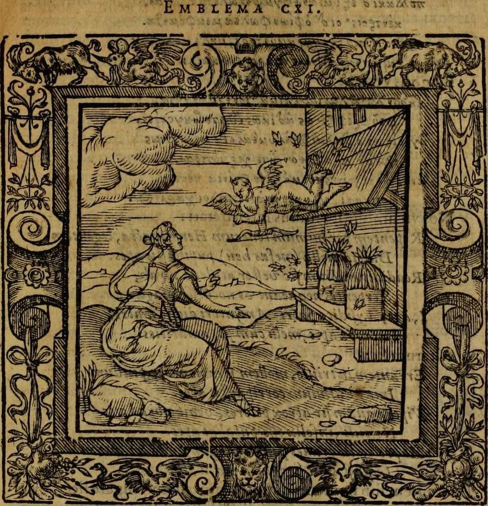 An illustration from Omnia Andreae Alciati v.c. emblemata [electronic resource]: cum commentariis, quibus emblematum omnium aperta origine, mens auctoris explicatur, & obscura omnia dubiáque illustrantur, 1581, leaf 417