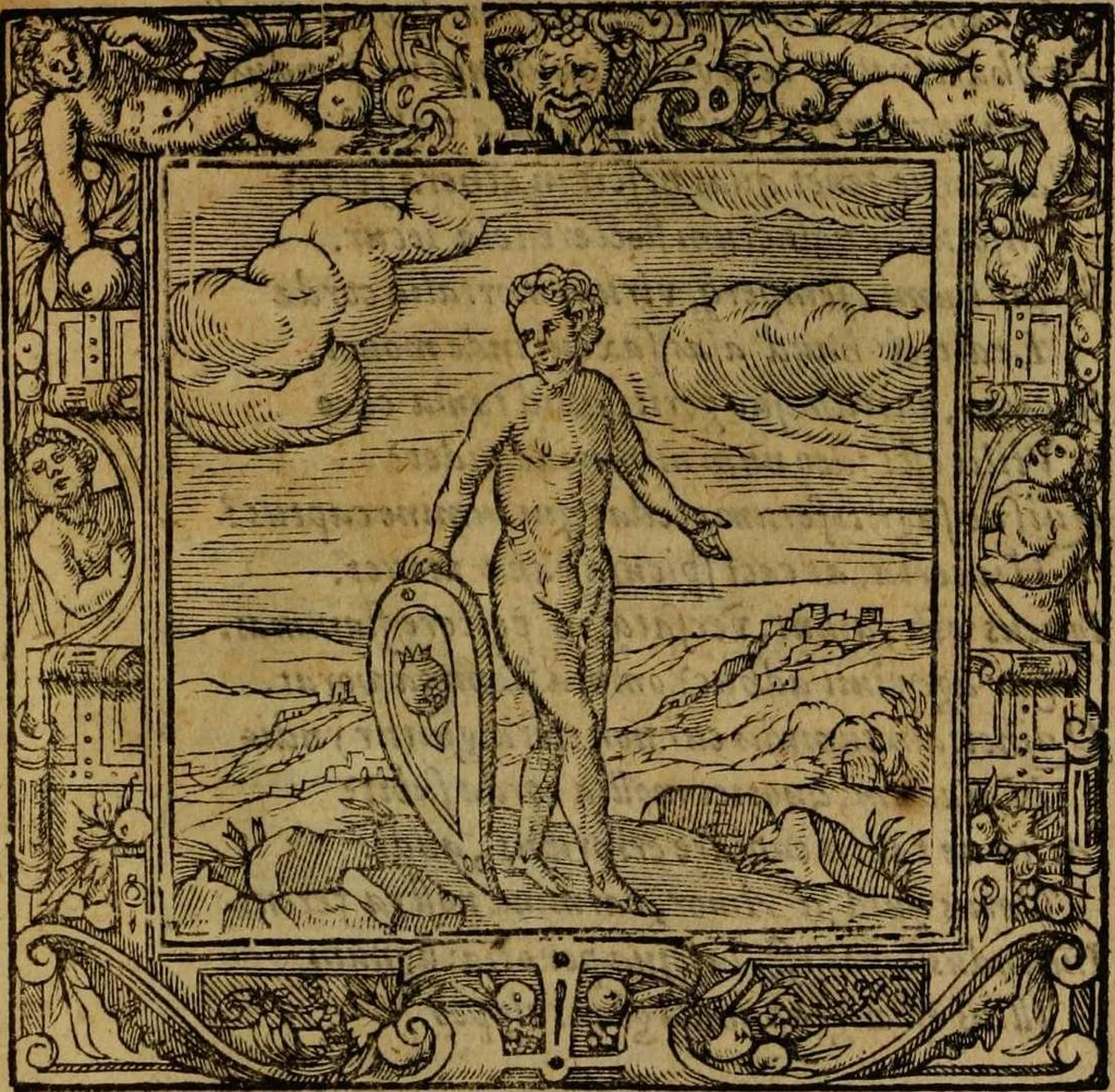 An illustration from Omnia Andreae Alciati v.c. emblemata [electronic resource]: cum commentariis, quibus emblematum omnium aperta origine, mens auctoris explicatur, & obscura omnia dubiáque illustrantur, 1581, leaf 423